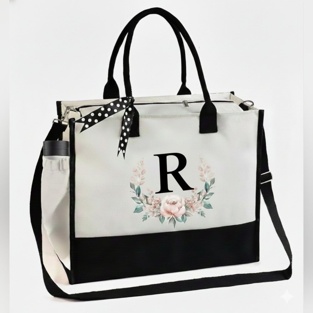 Monogrammed Floral Letter -R- Canvas Tote Bag Zipper Pocket Side Pouch Gift NWT